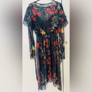 ZARA Floral Sheer Ruffles Vintage Midi Dress with slip. Exquisite design. Size S
